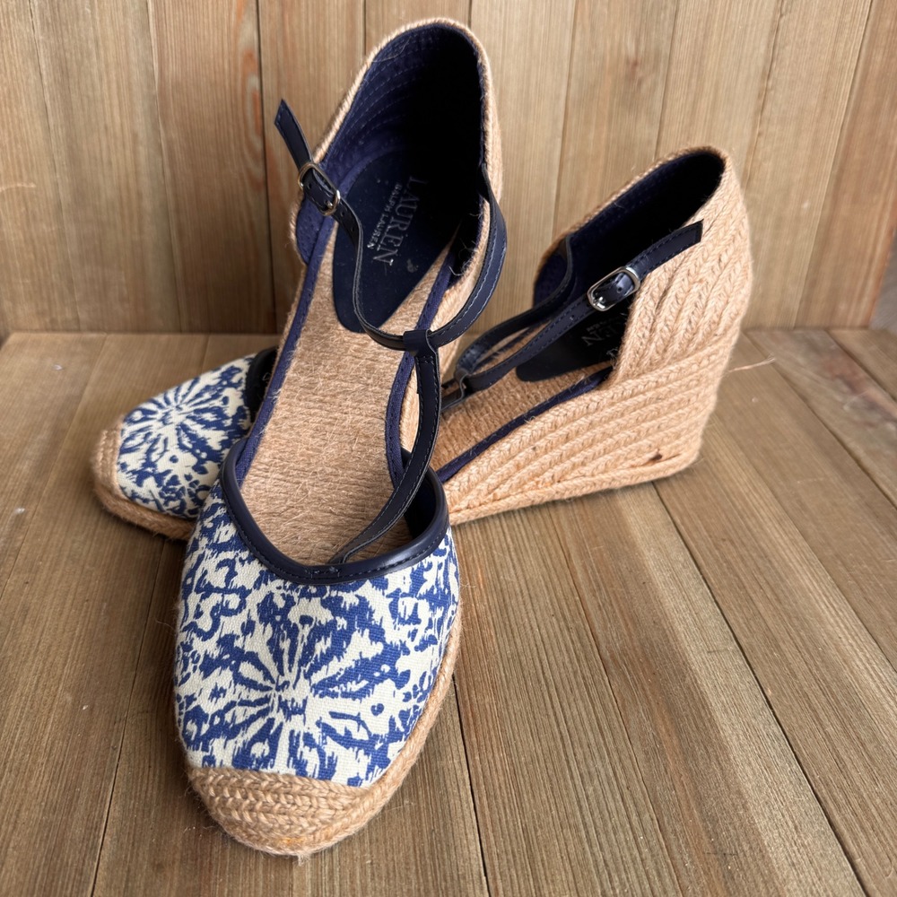 Lauren Ralph Lauren Carolina Espadrille Wedges Blue White Ikat T-Strap Size 10B
